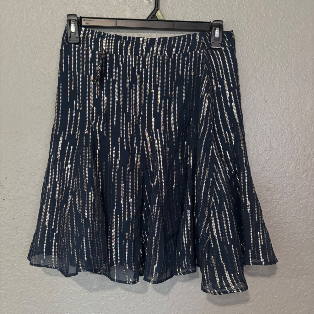 NEW WHBM Godet Mini Skirt Admiral Blue Silver Metallic Stripe Size 6